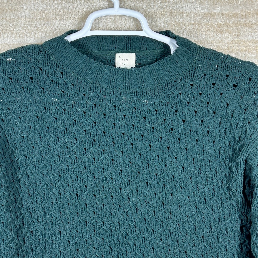 A New Day Womens Boho Pointelle Knit Crewneck Sweater Dark Green XS Pullover